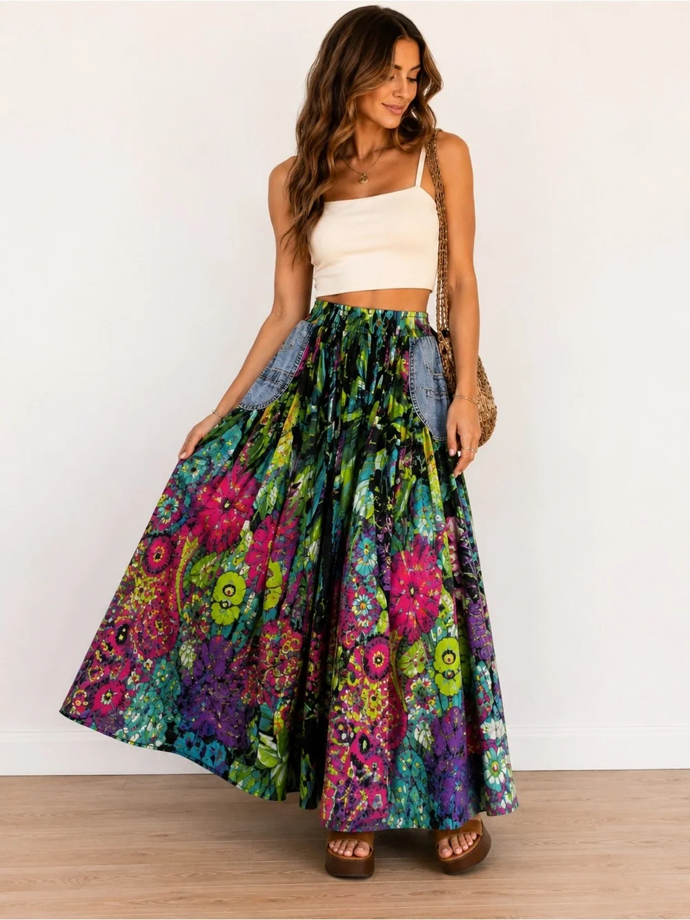 Vintage 90s Patchwork Floral Maxi Skirt | Wearable Art Dopamine Boho - Picture 1 of 7